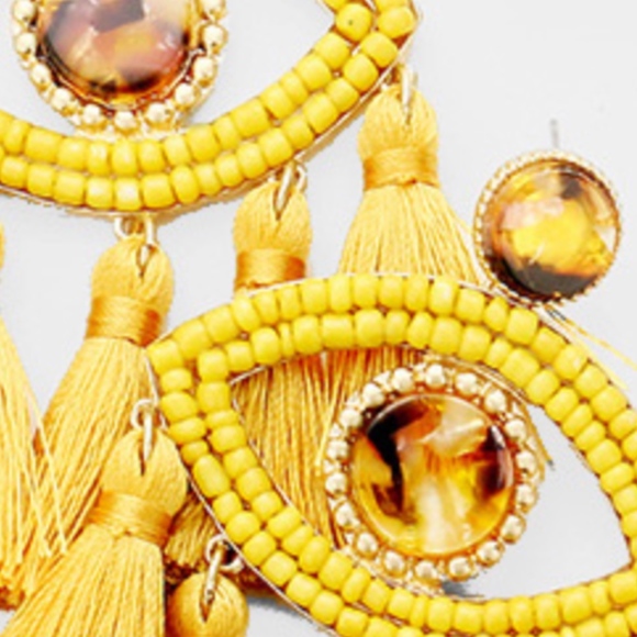 Evil Eye Yellow Beaded Embellished Tassel Earrings - Picture 2 of 2